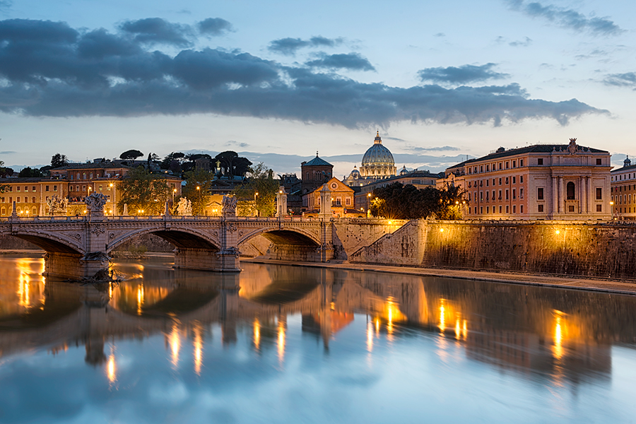 A twilight view of Rome overlooking the Vatican from my favorite Roman Bridge, Ponte Sant'Angelo.
