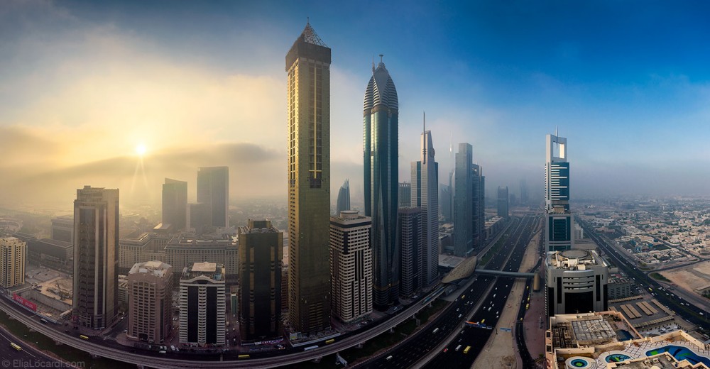 Patchy morning fog begins to engulf the extraordinary cityscape of downtown Dubai.