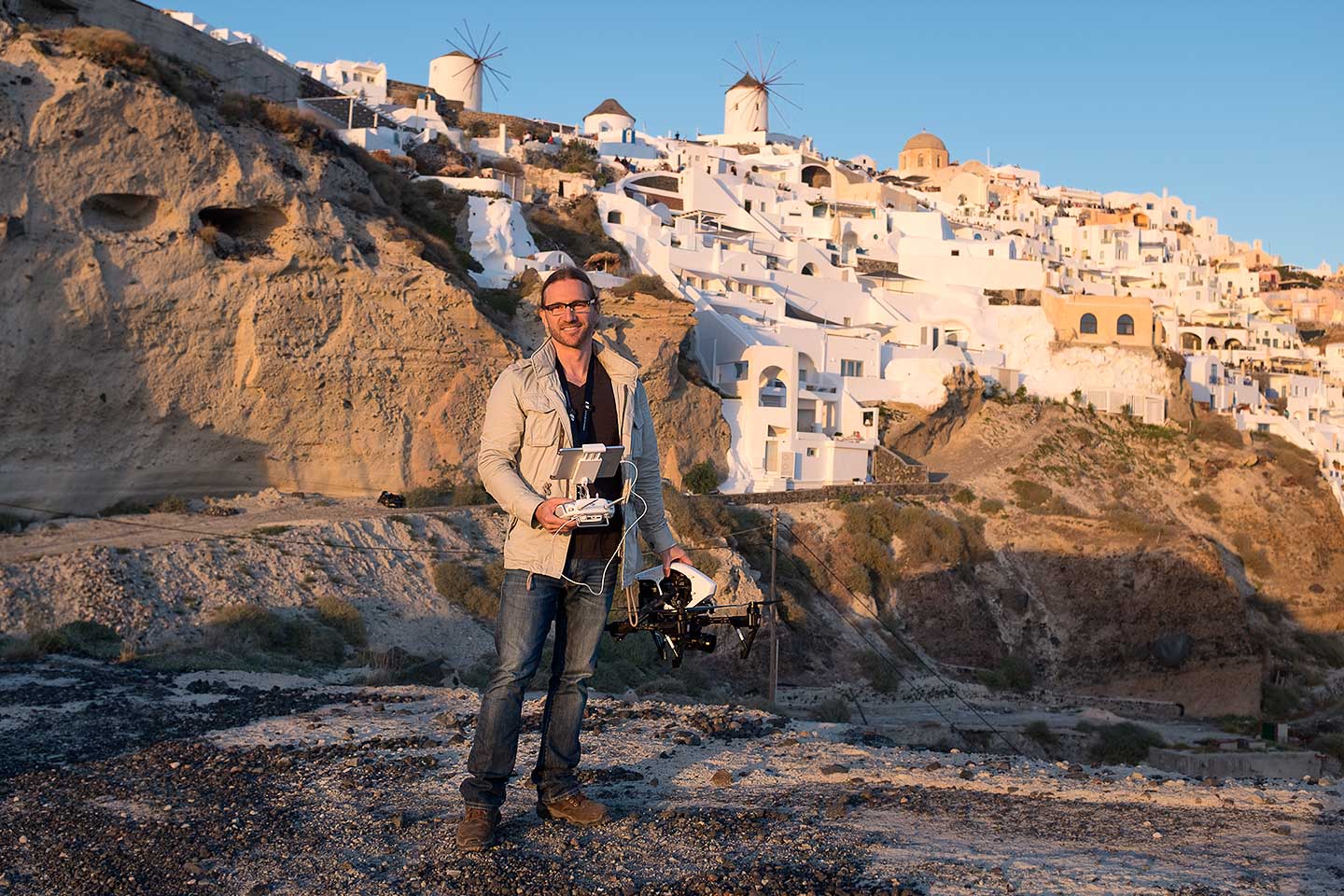 (Getting prepared to fly over the village of Oia on the island of Santorini.)